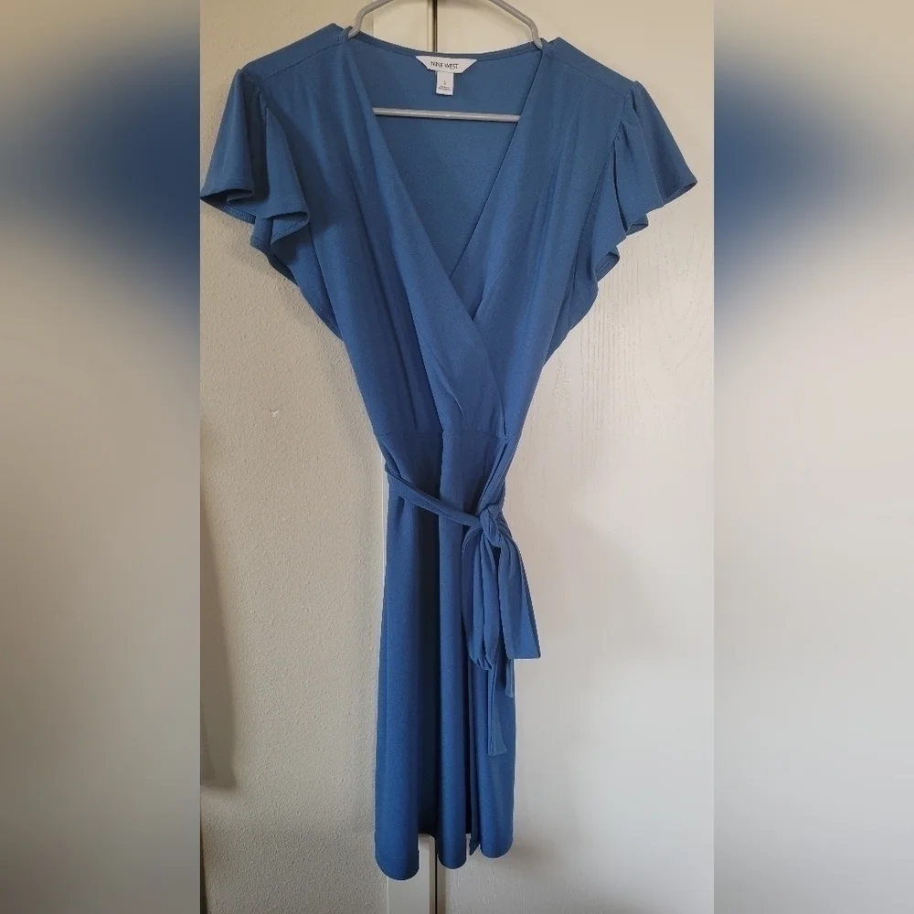 Nine West Knit Stretchy Blue Wrap Tie A Line Flutter Sleeve Knee Length Dress